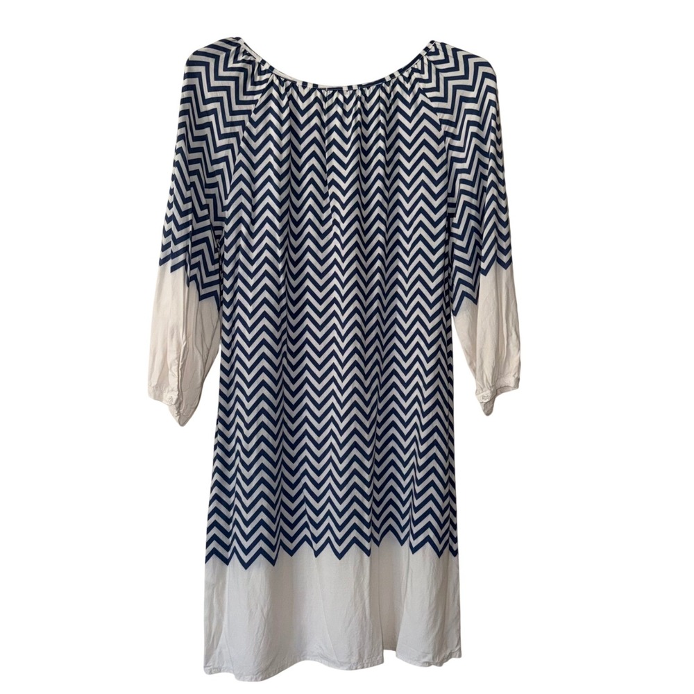 Venus Navy Blue White Chevron Zig Zag Shift Dress Long Sleeve Sz 10 - Picture 3 of 9